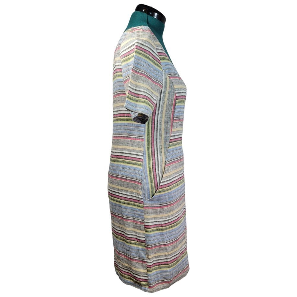 FOR CYNTHIA Striped Square Neck Short Sleeve Linen Cotton Blend Shift Dress S - Picture 2 of 9